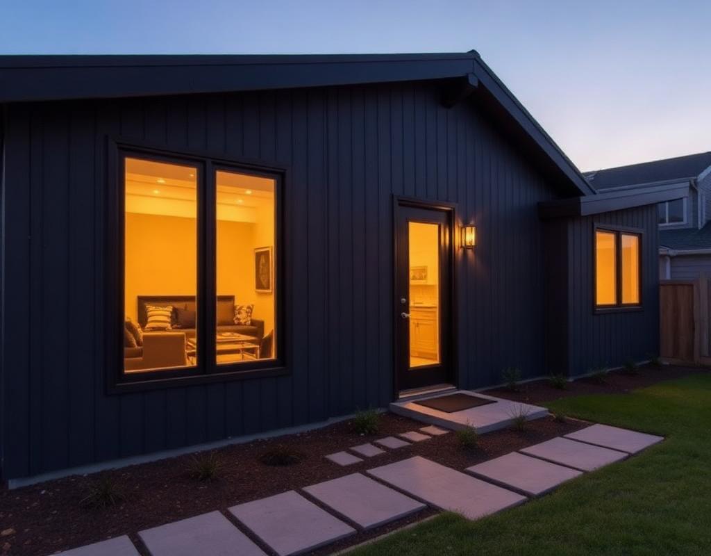 Completed exterior at dusk