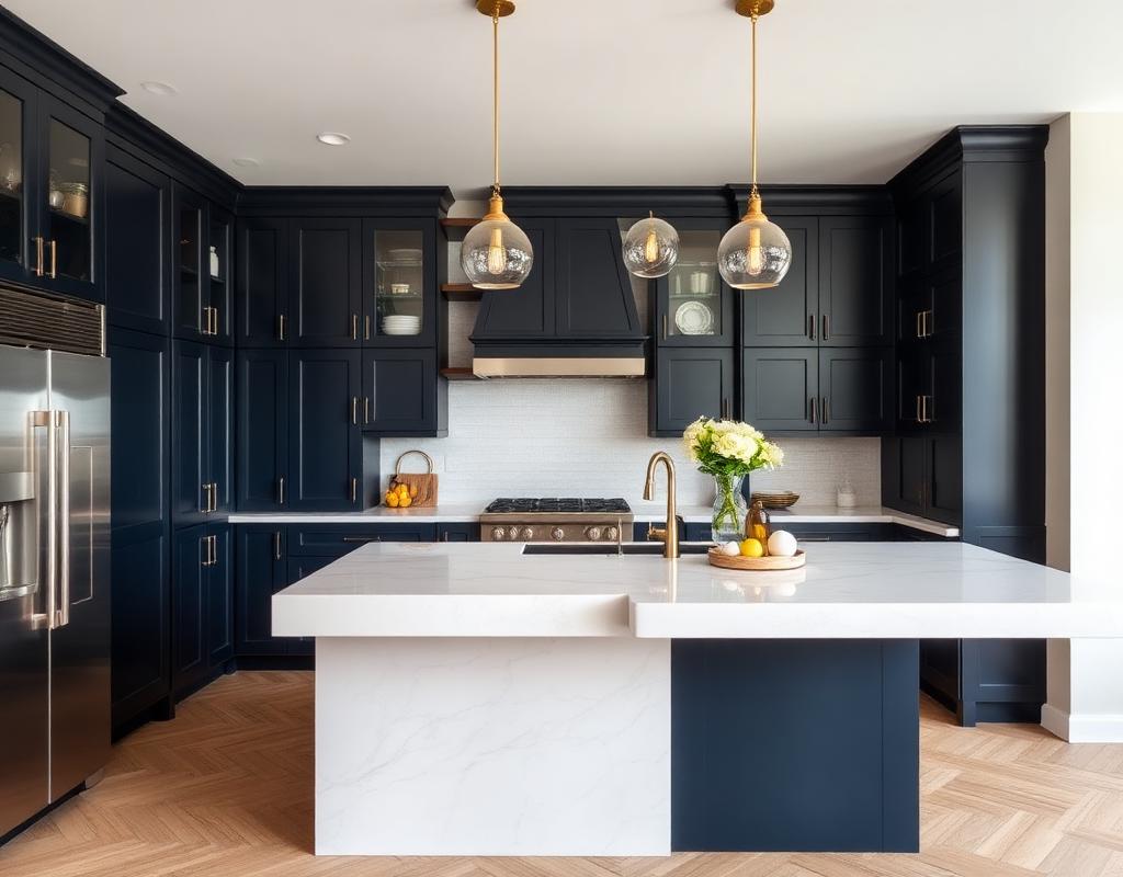Navy shaker with quartz waterfall island